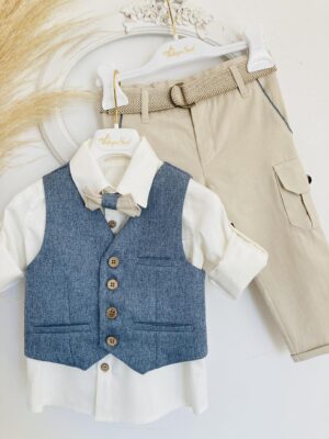 Βαπτιστικό κοστουμάκι Vintage soul μπλε ραφ και εκρού