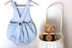 Pale blue organic linen romber with tie straps